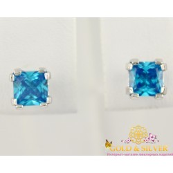 Серебряные серьги 925 проба. Женские серьги пуссеты с голубым камнем. 2414/9р